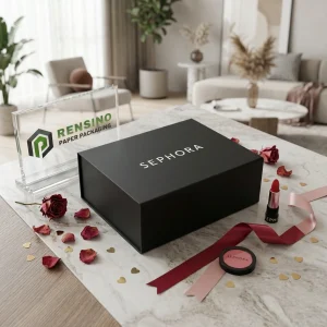 Boîte en papier noir avec nom de marque imprimé et motif, adaptée pour les cadeaux, le commerce de détail ou l'emballage cosmétique, service OEM/ODM disponible
