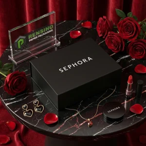 Boîte cadeau en papier noir avec texte imprimé “SEPHORA” et design simple, adaptée pour l'emballage cosmétique ou cadeau, service OEM/ODM disponible