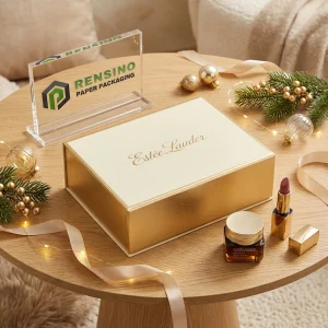 Gold and White Gift Box with Elegant Branding and Decorative Pattern, Suitable for Gift, Retail, or Cosmetic Packaging, OEM/ODM Service Available