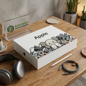 Boîte-cadeau en papier rigide blanc avec texte stylisé imprimé et motif graffiti, adaptée pour l'emballage de cadeaux ou de détail, service OEM/ODM disponible.