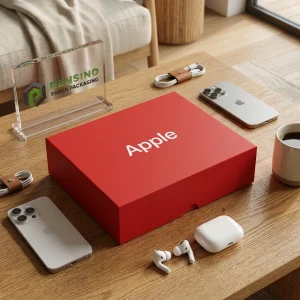 Red Paper Gift Box with Apple Logo and Printed Branding, Suitable for Gift, Retail, or Food Packaging, OEM/ODM Service Available
