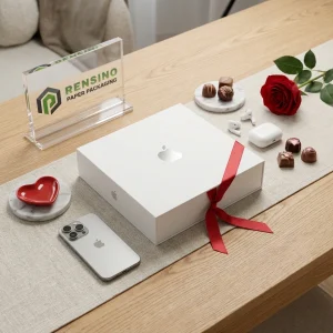 Boîte cadeau en papier rigide blanc avec ruban rouge, adaptée à l'emballage cadeau, design personnalisé disponible