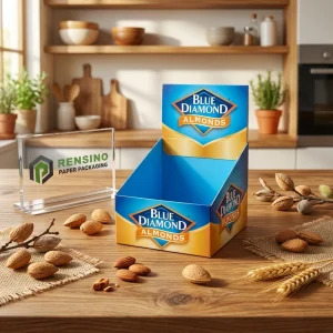 Blaue Diamant-Mandeln Papier-Display-Box mit hellem Design, anpassbar für Einzelhandel und Geschenke