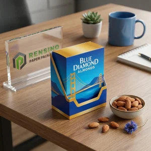 Blaue Diamantmandelgeschenkbox mit goldener Brückenillustration, benutzerdefiniertes Design verfügbar