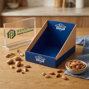 Boîte d'affichage en papier bleu et kraft avec logo, adaptée pour les cadeaux ou l'affichage en magasin