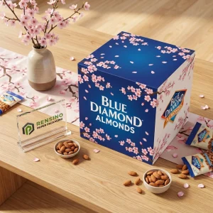 Scatola regalo di carta blu con motivo di fiori di ciliegio, adatta per il retail o il confezionamento regalo