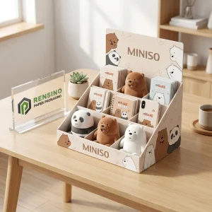 Caja de papel rígido blanca con patrón de oso y panda, adecuada para regalo, venta al por menor o exhibición, personalizable con impresión de logotipo