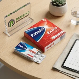 Boîte d'emballage en papier rouge et bleu avec informations sur la marque et le produit imprimées, adaptée pour l'emballage pharmaceutique ou de santé, service OEM/ODM disponible