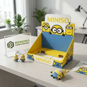 Boîte d'affichage en papier jaune avec motif de Minions, adaptée pour l'affichage de cadeaux ou de vente au détail, design personnalisable