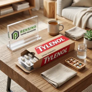 क्राफ्ट पेपर गिफ्ट बॉक्स जिसमें प्रिंटेड TYLENOL टेक्स्ट और लाल पैटर्न है, उपहार, खाद्य, या खुदरा पैकेजिंग के लिए उपयुक्त, OEM/ODM सेवा उपलब्ध