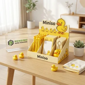 Boîte d'affichage en papier jaune avec motif de canard en caoutchouc, adaptée pour l'emballage cadeau ou de vente au détail, personnalisable avec logo