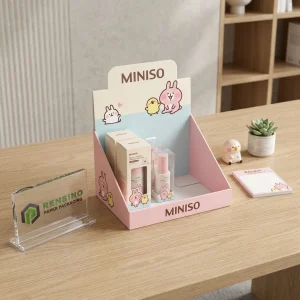 Scatola di Esposizione in Carta Rosa con Motivo di Coniglio e Pulcino Carino, Adatta per Imballaggio di Cosmetici o Regali