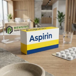 White and Blue Paper Box with Aspirin Text and Logo, Suitable for Medicine Packaging, Custom Design Available