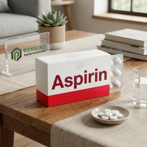 White and Red Paper Box with Printed Aspirin Text and Medical Icon, Suitable for Pharmaceutical or Gift Packaging, OEM/ODM Service Available