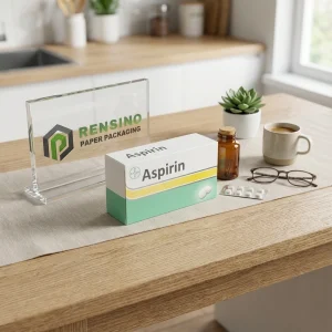 White and Green Paper Box with Printed Aspirin Text and Simple Design, Suitable for Pharmaceutical or Gift Packaging, OEM/ODM Service Available
