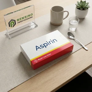 Scatola di carta bianca con testo stampato di aspirina e motivo rosso e giallo, adatta per imballaggio di medicinali o prodotti sanitari, servizio OEM/ODM disponibile