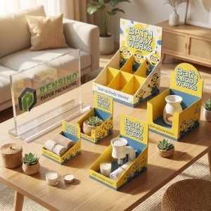 Boîte d'affichage en papier jaune avec motif Minions, adaptée pour l'emballage de vente au détail ou de cadeaux, design personnalisable
