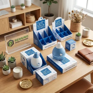 Boîtes-cadeaux de bain et de corps bleues et blanches avec design de dessin animé, solutions d'emballage personnalisables