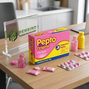 Boîte d'emballage pharmaceutique en papier rose et jaune avec texte imprimé et graphique de soulagement digestif, adaptée pour l'emballage pharmaceutique ou médical, service OEM/ODM disponible