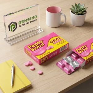 Boîte d'emballage en papier rose avec texte imprimé Pepto Bismol et comprimés à mâcher, adaptée à l'emballage alimentaire ou cadeau, service OEM/ODM disponible