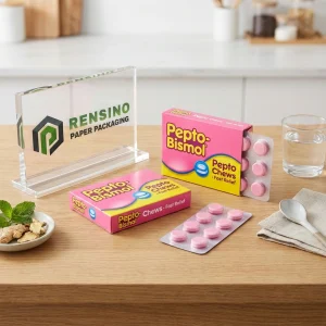 Boîte en papier rose avec texte imprimé Pepto Bismol et design coloré, adaptée pour les cadeaux, le commerce de détail ou l'emballage alimentaire, service OEM/ODM disponible