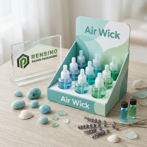 Scatola espositiva in carta blu chiaro e verde con logo Air Wick, adatta per imballaggio al dettaglio e regali