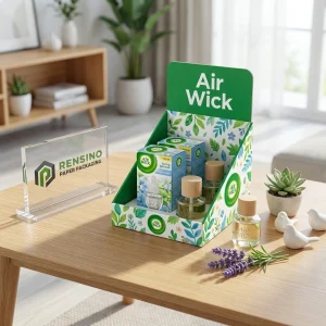 Caja de exhibición de papel verde con patrón botánico, adecuada para empaques de cosméticos o regalos, diseño personalizado disponible