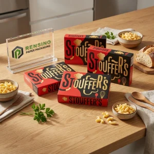 Красная бумажная упаковочная коробка с логотипом Stouffer’s и изображениями еды, подходит для упаковки продуктов питания или розничной торговли, доступен индивидуальный дизайн и услуги OEM/ODM