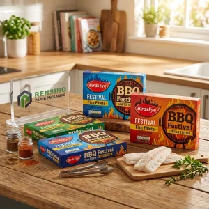 Boîte d'emballage alimentaire en papier imprimée bleu et orange Birds Eye avec images de festival de BBQ et de filets de poisson, adaptée pour l'emballage alimentaire, service OEM/ODM