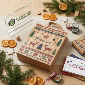 Kraft Paper Bag with Christmas Tree and Deer Pattern, Suitable for Gift or Retail Packaging, Custom Design Available