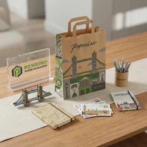 Saco de Papel Kraft com Ilustrações de Marcos de Londres e Texto Impresso “Paperchase”, Adequado para Varejo ou Embalagem de Presentes, Impressão de Logotipo Personalizado Disponível