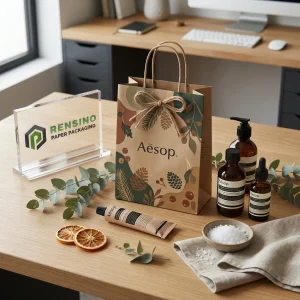 حقيبة ورقية بنية من كرافت مع نمط نباتي ونص مطبوع “Aēsop”، مناسبة لتغليف مستحضرات التجميل أو الهدايا، خدمة OEM/ODM متاحة