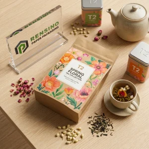 Sacchetto di carta kraft T2 con motivo floreale per imballaggio di tè, design personalizzato disponibile