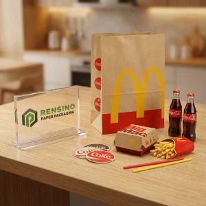 Sacchetto di Carta Marrone con Logo Stampato Giallo e Rosso e Scatole di Carta per Alimenti Stampate in Rosso, Adatto per Confezionamento Alimentare, Personalizzazione all'Ingrosso