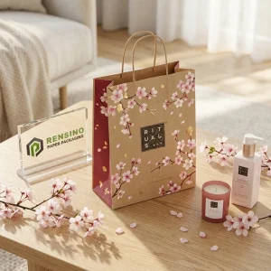 Bolsa de papel kraft com padrão de flor de cerejeira rosa para embalagem de presente ou cosméticos, impressão de logotipo personalizada disponível