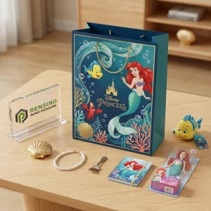 Sacchetto di carta blu Disney Princess con sirena e motivo sottomarino, adatto per confezioni regalo o di vendita al dettaglio, stampa logo personalizzata disponibile