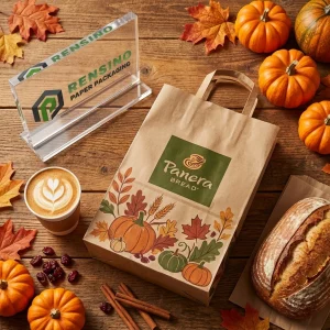 Brauner Papierbeutel mit Verpackung im Herbst-Kürbis- und Blattmuster, Geeignet für Lebensmittel- oder Bäckerei-Verpackung, Individuelles Design verfügbar