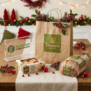 Sacola de Papel Verde e Kraft Panera com Logotipo Impresso e Decoração de Natal, Caixa de Papel para Biscoitos de Natal Artesanais com Janela e Branding Impresso, Embalagem de Papel para Pão de Fermento Impresso, Adequada para Embalagem de Alimentos, Impressão de Logotipo Personalizado Disponível