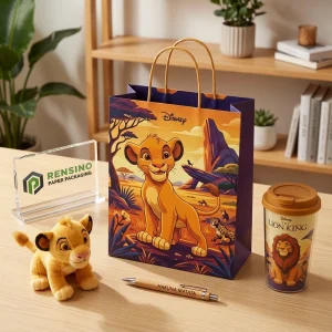 Sacchetto di carta viola e arancione Disney con illustrazione del Re Leone, adatto per imballaggio regalo o al dettaglio, stampa del logo personalizzata disponibile