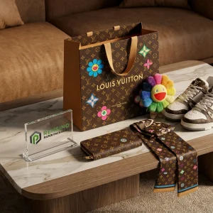 Bolsa de papel marrón Louis Vuitton con patrón floral colorido para empaques de regalos o venta al por menor, impresión de logo personalizada disponible
