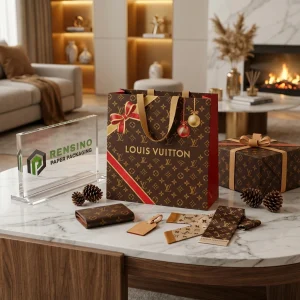 Embalagem de Sacola de Papel Marrom e Vermelha Louis Vuitton com Logo Impresso e Padrão de Ornamento de Férias, Adequada para Embalagem de Presentes, Impressão de Logo Personalizado Disponível