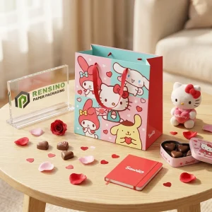 Borsa di Carta Rossa e Blu Sanrio con Motivo Cartone di Hello Kitty e Amici, Adatta per Imballaggio Regalo o di Confetteria, Stampa Logo Personalizzata Disponibile