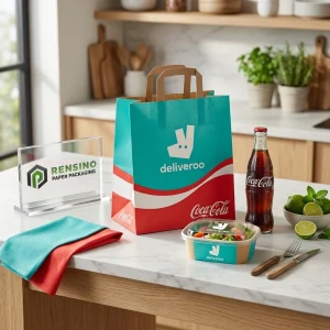 Bolsa de papel azul con logo y diseño impreso, adecuada para regalos, venta al por menor, alimentos o empaques cosméticos, servicio OEM/ODM disponible