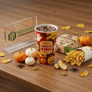 Tazza di Carta Arancione e Marrone con Motivo Fantasma di Halloween e Zucca per Imballaggio di Bevande, Stampa Logo Personalizzata Disponibile