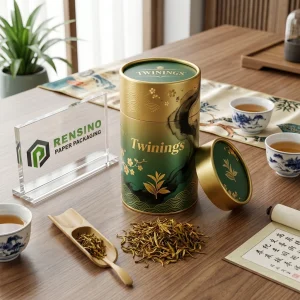Green and Gold Paper Tea Packaging Tube with Floral and Wave Pattern, Custom Logo Printing Available