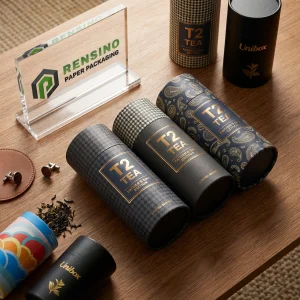 Tube d'emballage de thé en papier noir avec motif paisley et texte imprimé, design personnalisé disponible