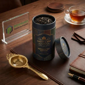 Dark Blue and Brown Paper Tea Packaging Tube with Gold Printed Text and Pattern, Custom Logo Printing Available