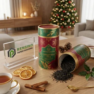 Green and Red Paper Tea Packaging Tube with Gold Snowflake and Leaf Pattern, Custom Design Available