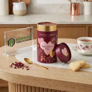 Tube d'emballage en papier bordeaux et or pour thé avec motif de cœur et de rose, adapté pour un usage cadeau ou alimentaire, design personnalisé disponible