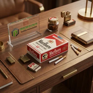 Paquet de cigarettes rouge et blanc avec texte et logo Marlboro imprimés, adapté pour les cadeaux, le commerce de détail ou l'emballage de tabac, service OEM/ODM disponible